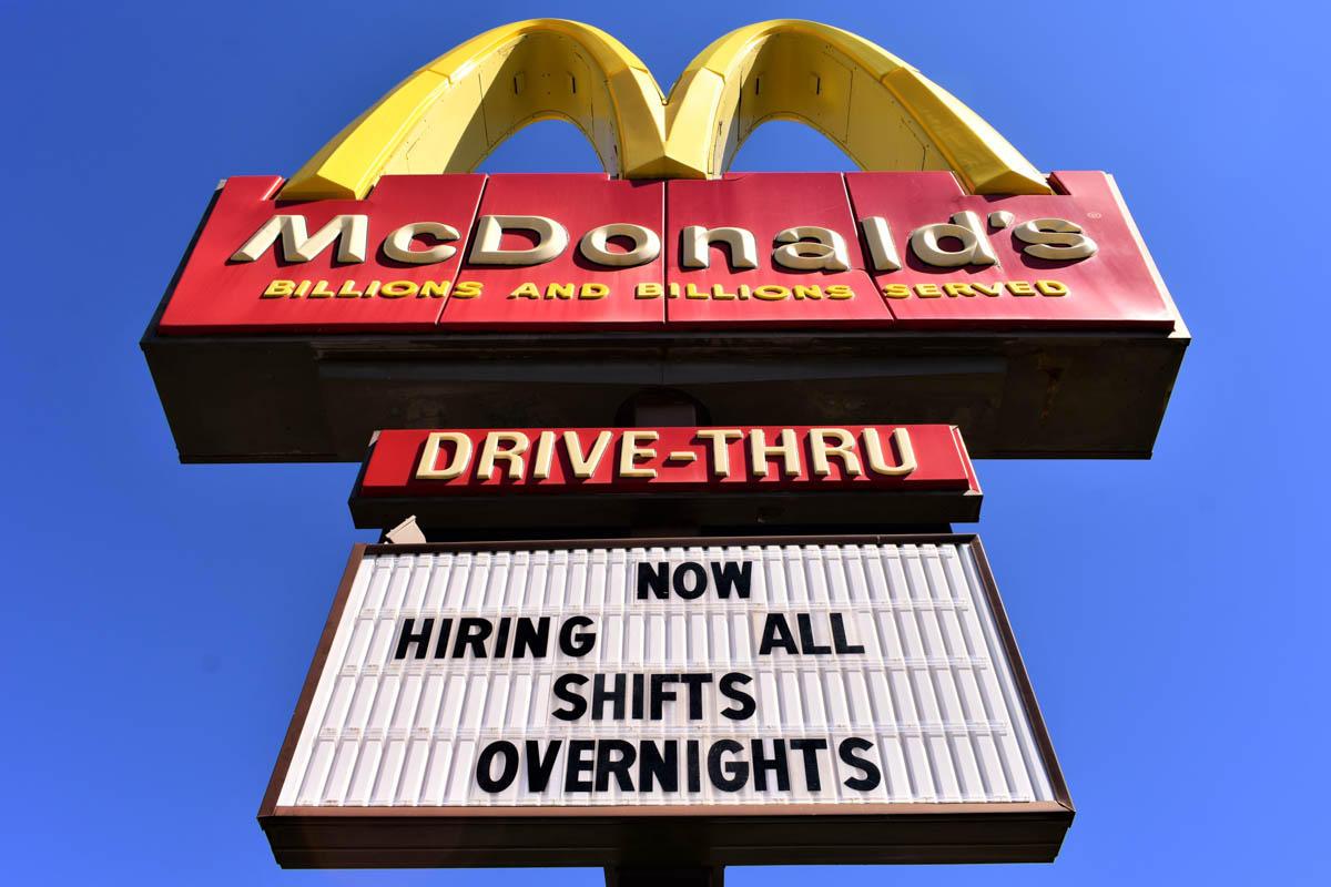 A McDonald's in South Bend advertising that it's hiring for jobs.