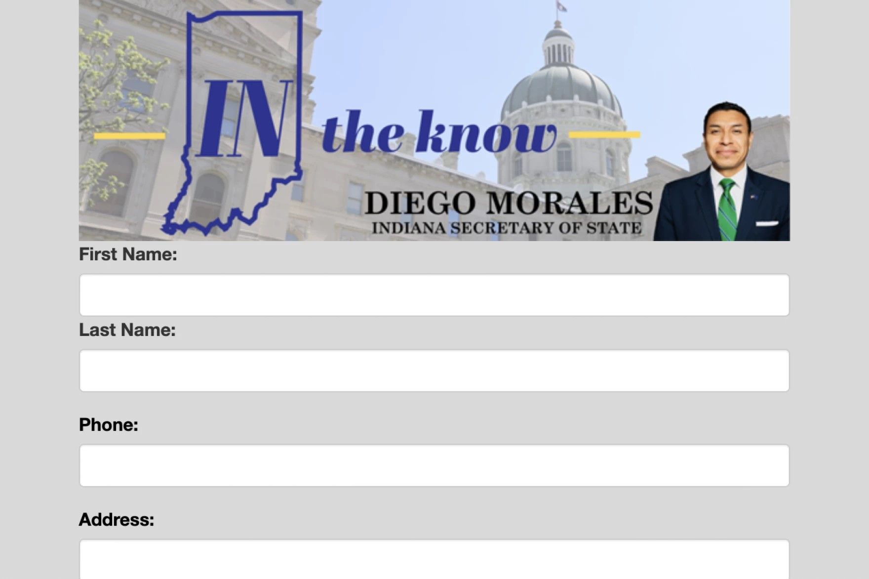 A screenshot of the website people are directed to after they text "IN" to 45995, as part of Indiana Secretary of State Diego Morales' new election text hotline.