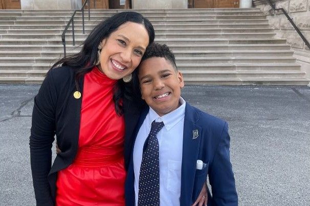 Rep. Victoria Garcia Wilburn, D-Fishers, poses with her son outside the Indiana Statehouse.