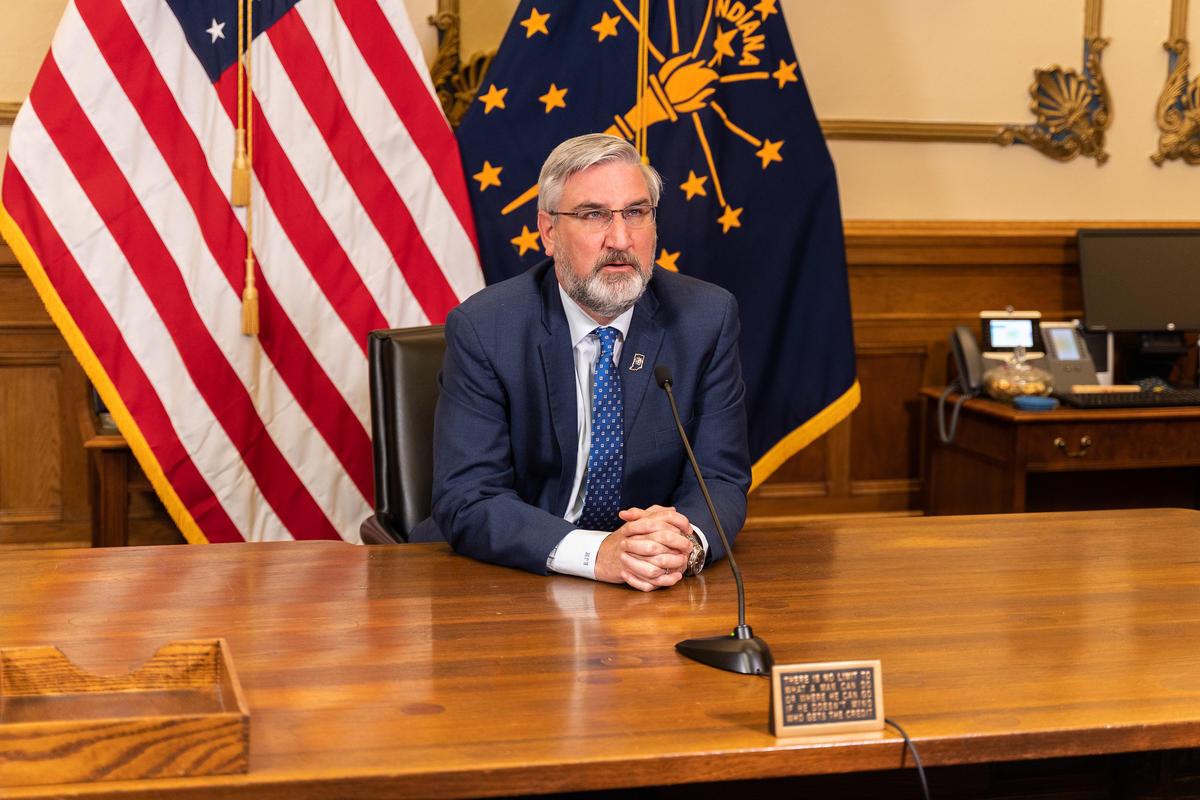 Gov. Eric Holcomb speaks at a COVID-19 briefing.