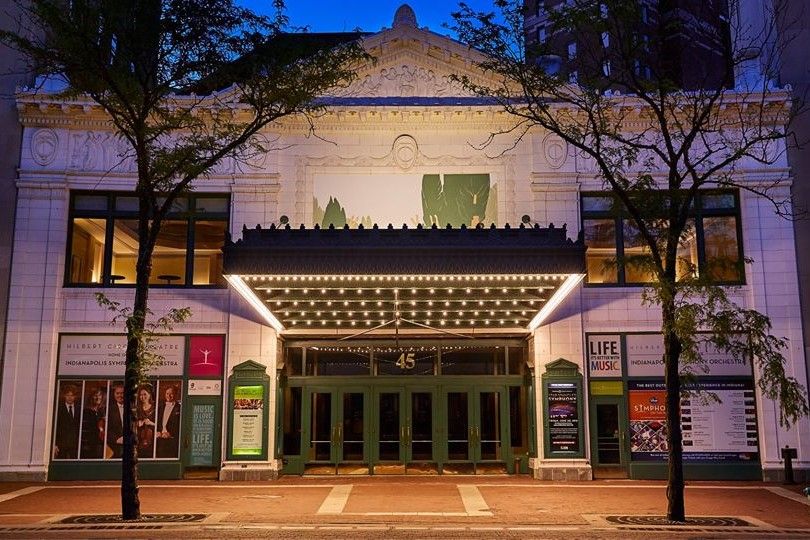 An image of the outside of Hilbert Circle Theater, where the Indianapolis Symphony Orchestra plays, in Indianapolis.