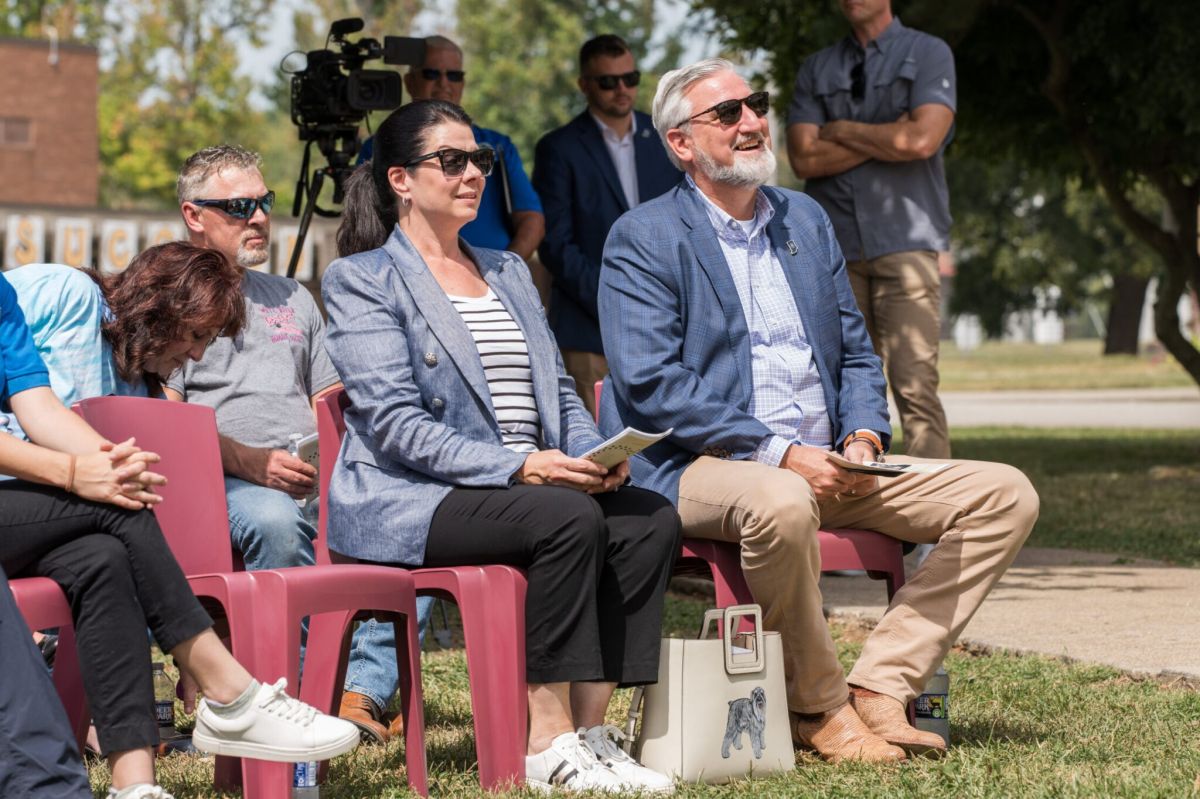 Indiana First Lady Janet Holcomb (left) and Gov. Eric Holcomb sit at a Sept. 12, 2024 event. 