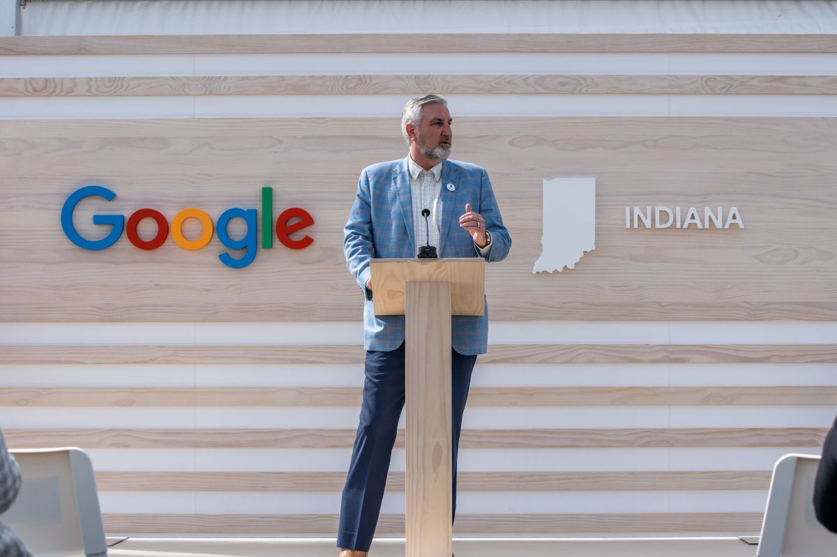 Gov. Eric Holcomb delivers remarks during an announcement and groundbreaking ceremony for Google’s new data center in Fort Wayne, on April 26, 2024.