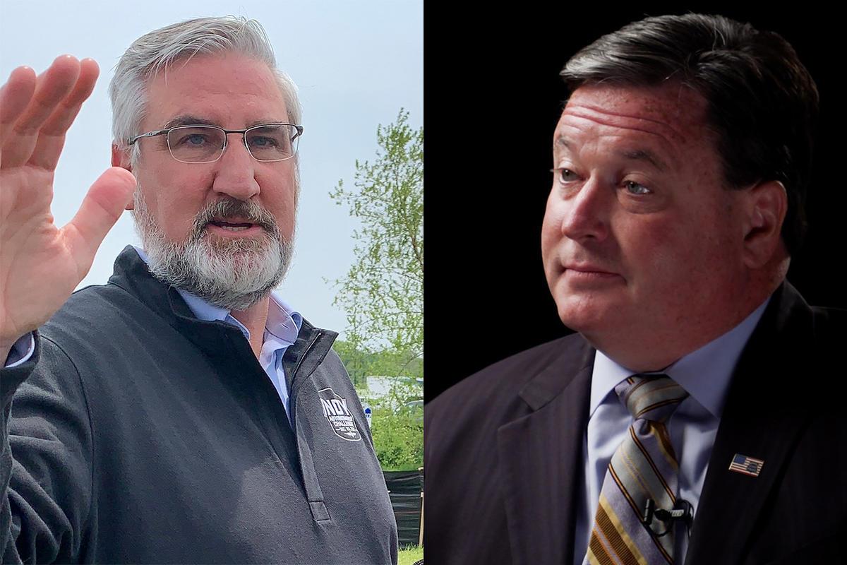 Gov. Eric Holcomb, left, and Attorney General Todd Rokita, right.