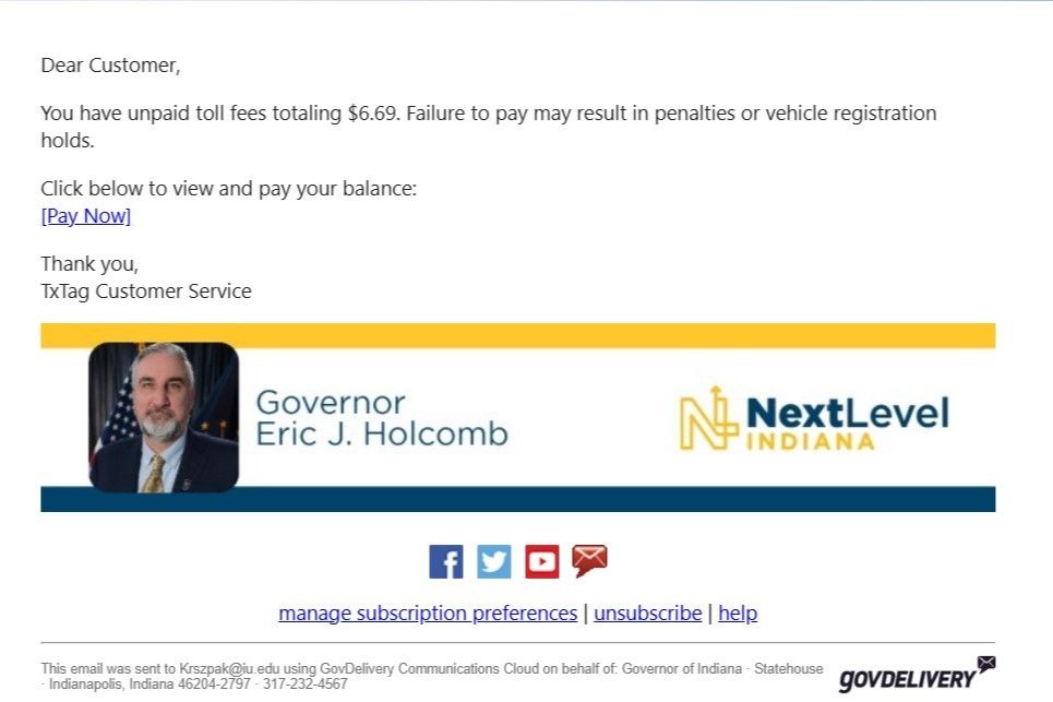 One of the emails appeared to come from former Indiana Governor Eric Holcomb. 