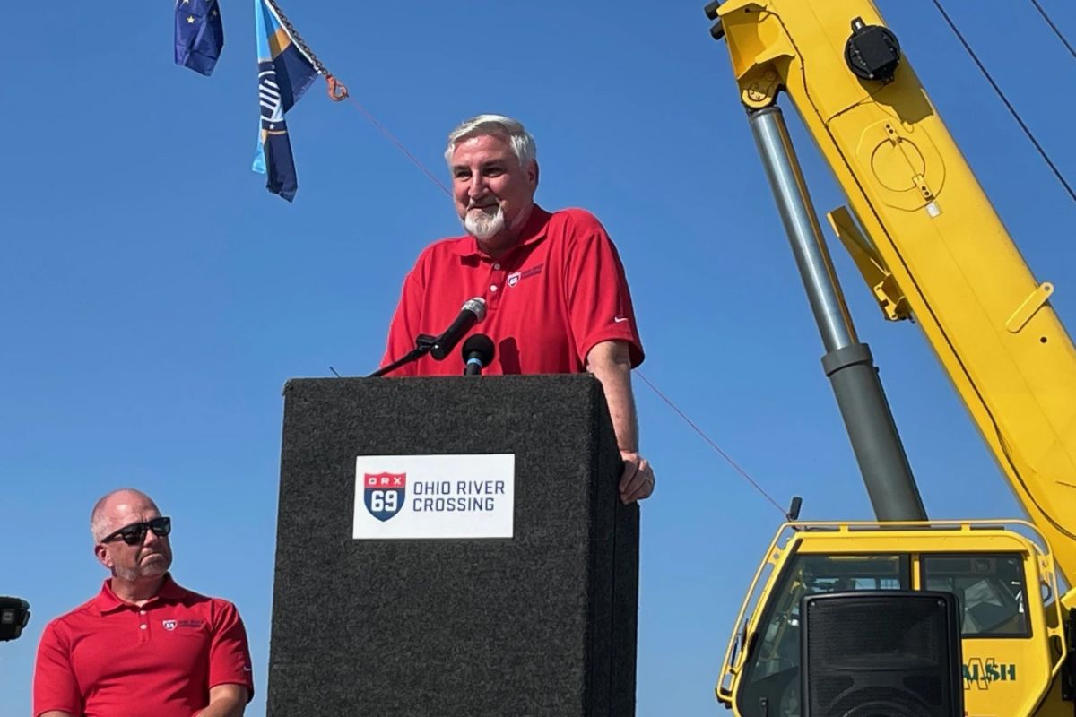 Indiana Gov. Eric Holcomb speaks at the groundbreaking for the Ohio River Crossing approach from the Indiana side of river.