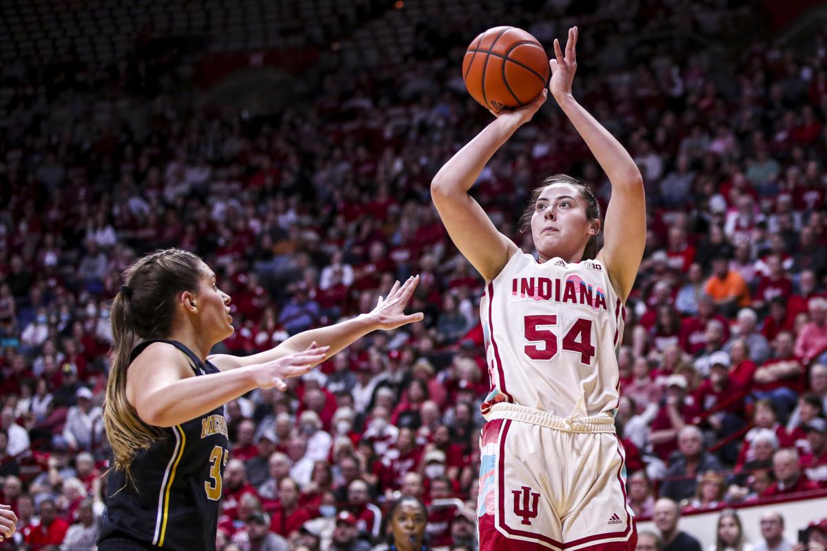Indiana's Mackenzie Holmes shoots over Michigan's Emily Kiser during Thursday night's game at Simon Skjot Assembly Hall.