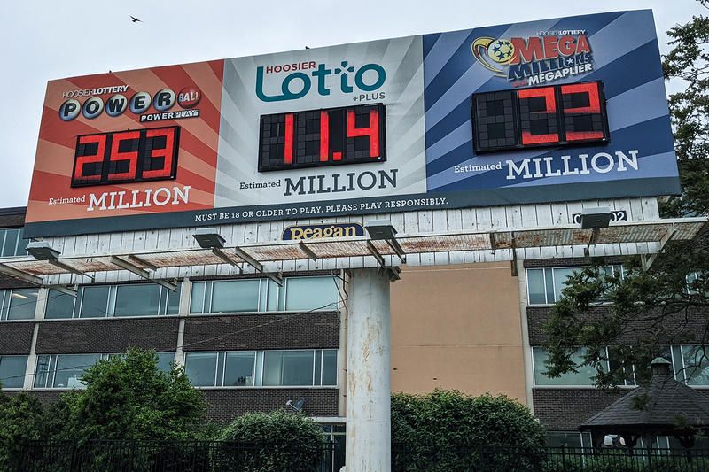 A billboard showing Indiana lottery/powerball amounts.