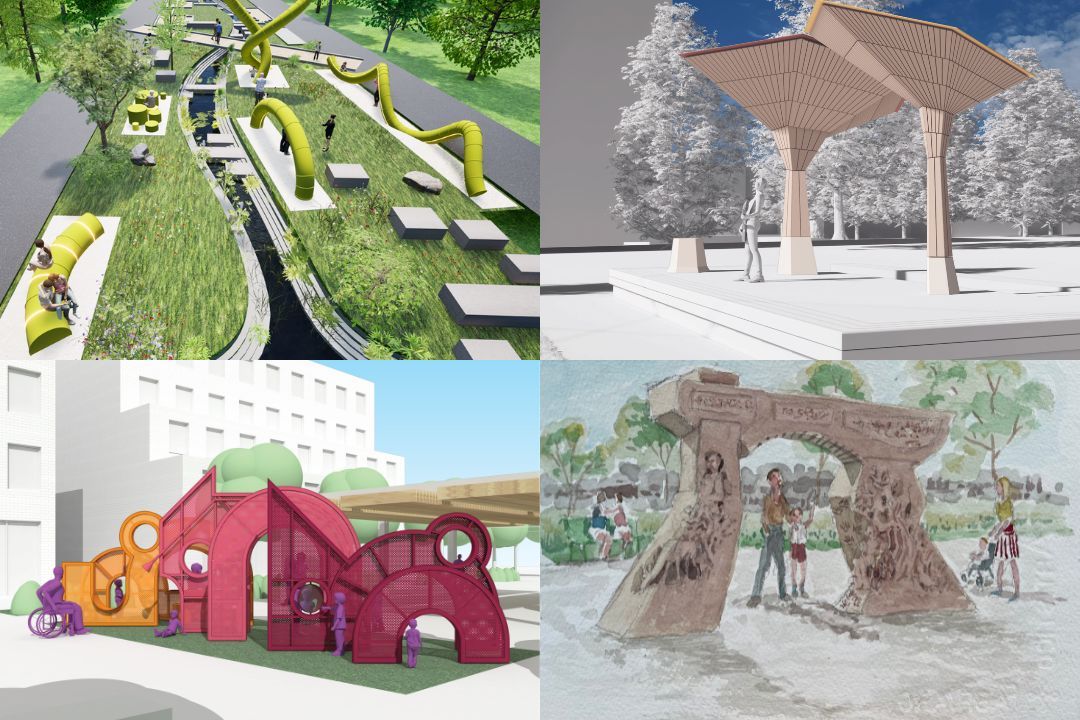 The Hopewell Commons art finalists. The names of the works (from top left) are Undulating, Canopy, Gateway Samples, and Limestone Gateway.