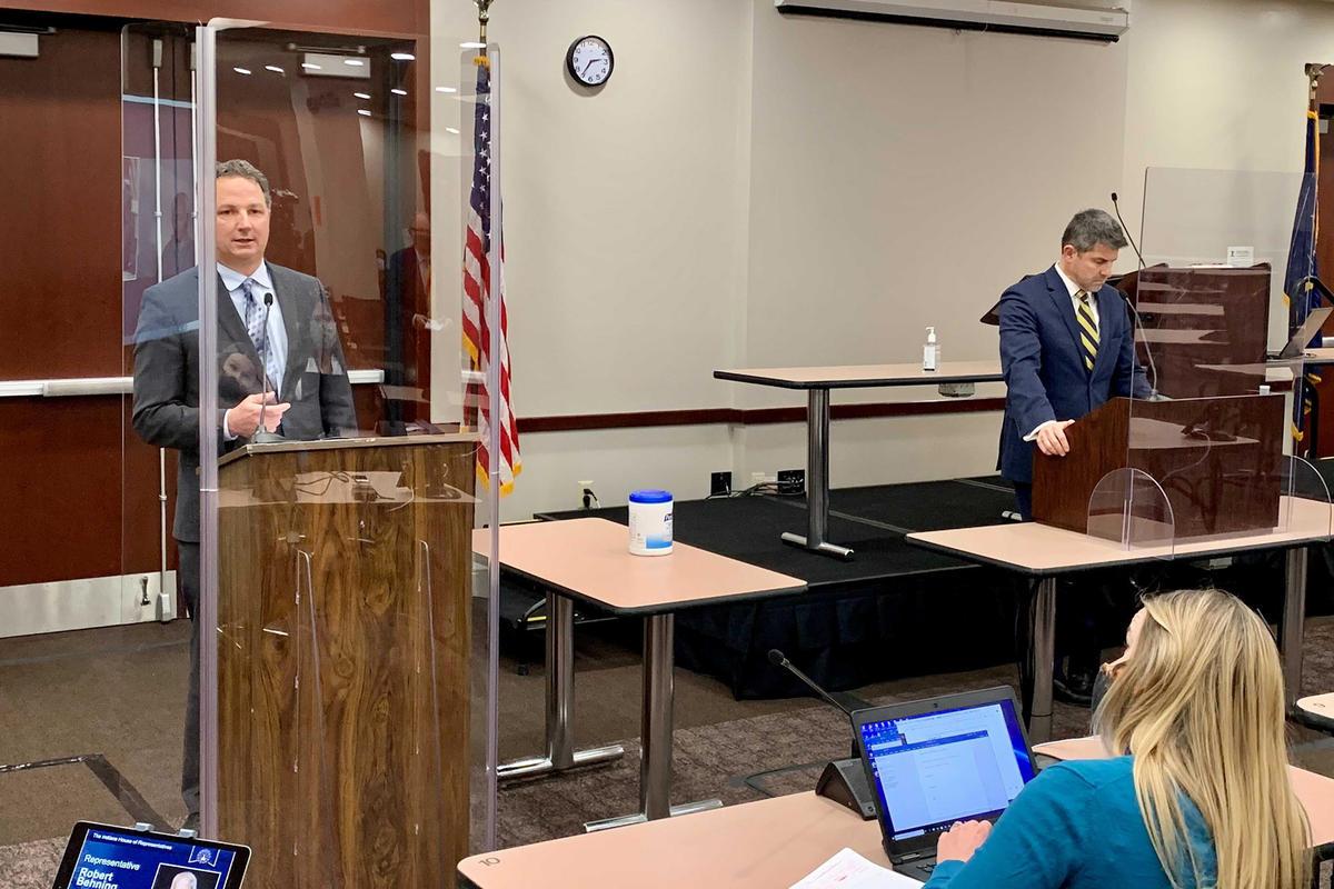 House Speaker Todd Huston (R-Fishers), left, and Senate President Pro Tem Rodric Bray (R-Martinsville), right, talk with reporters on the first day of the 2021 legislative session.