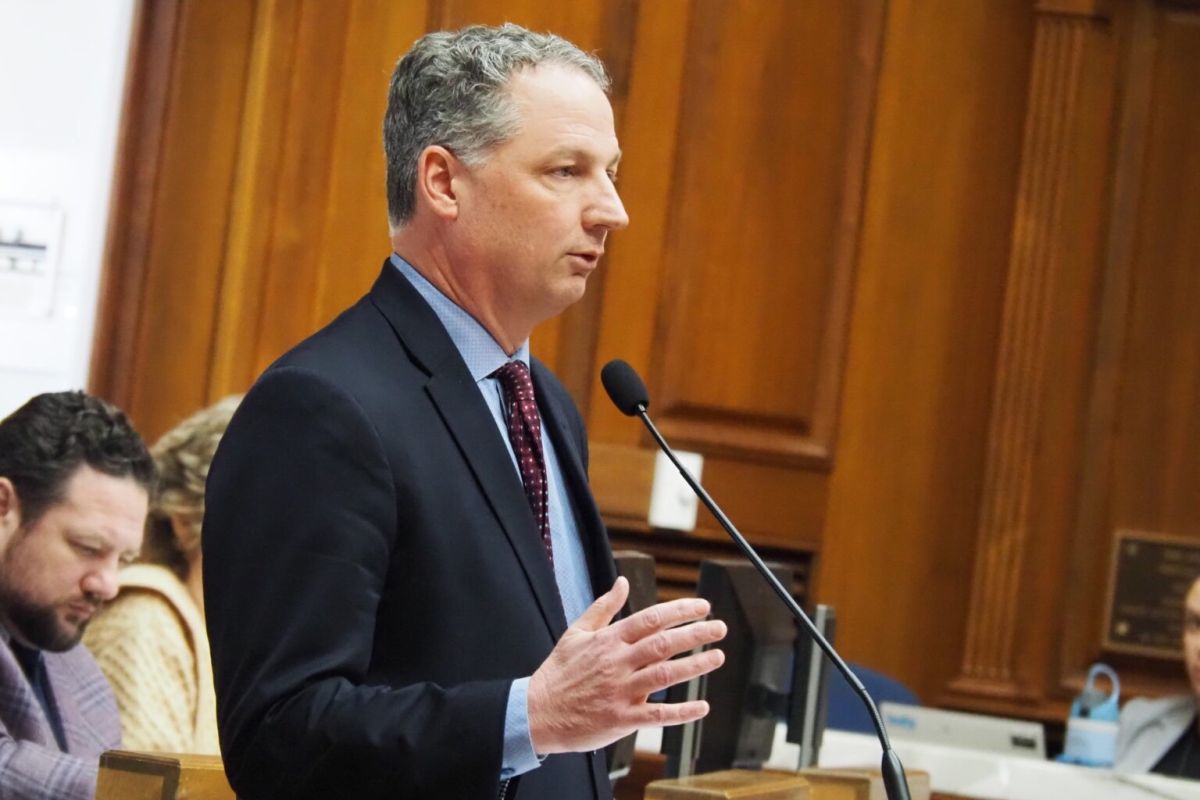 House Speaker Todd Huston, R-Fishers, addresses the chamber on Thursday, Feb. 20, 2025.