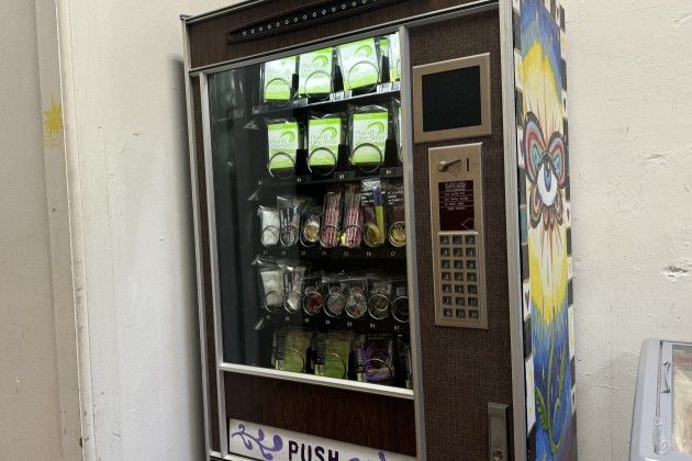 Vending machine stocked with emergency contraceptives, condoms, and period products