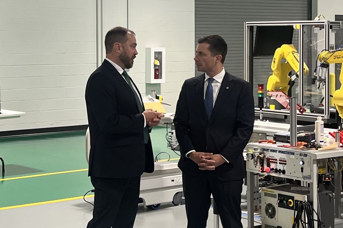 Transportation Secretary Pete Buttigieg on a tour of a electric vehicle battery plant