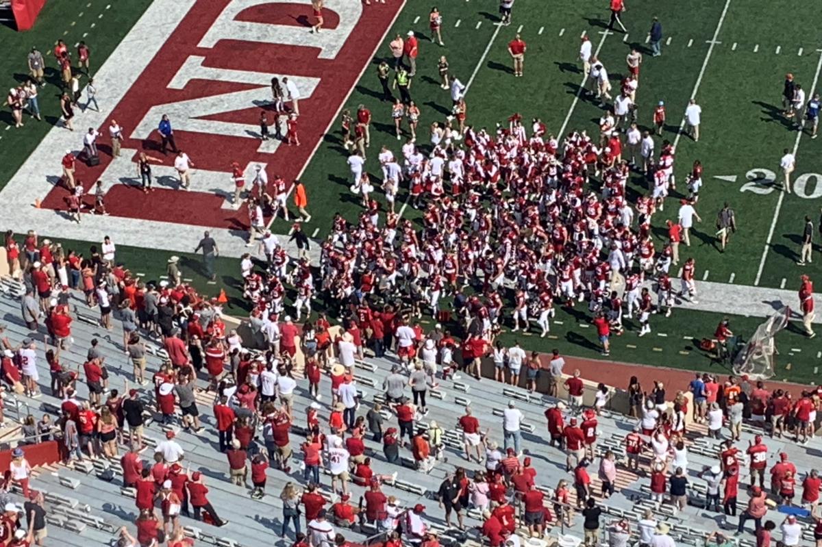 IU Football celebrates a victory over Connecticut at Memorial Stadium in September 2019.