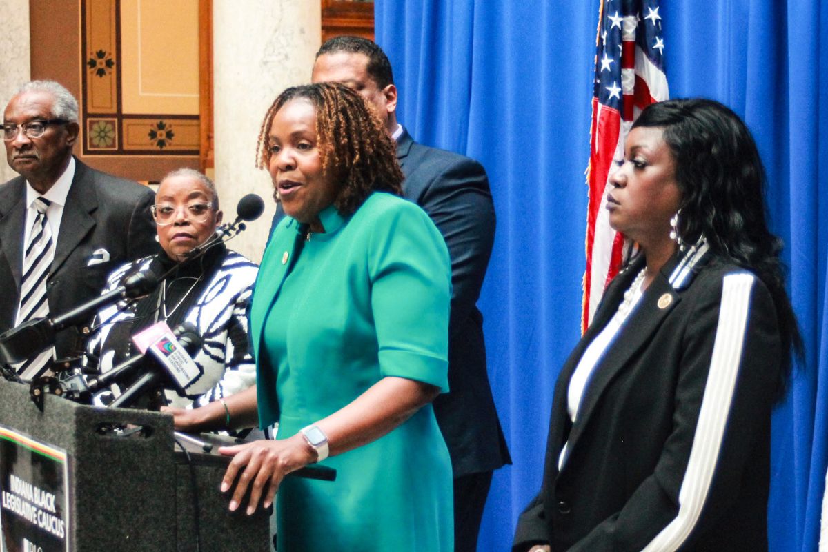 Rep. Robin Shackleford (D-Indianapolis), center, and members of the Indiana Black Legislative Caucus addressed Gov. Mike Braun's DEI executive order on Jan. 21, 2025.