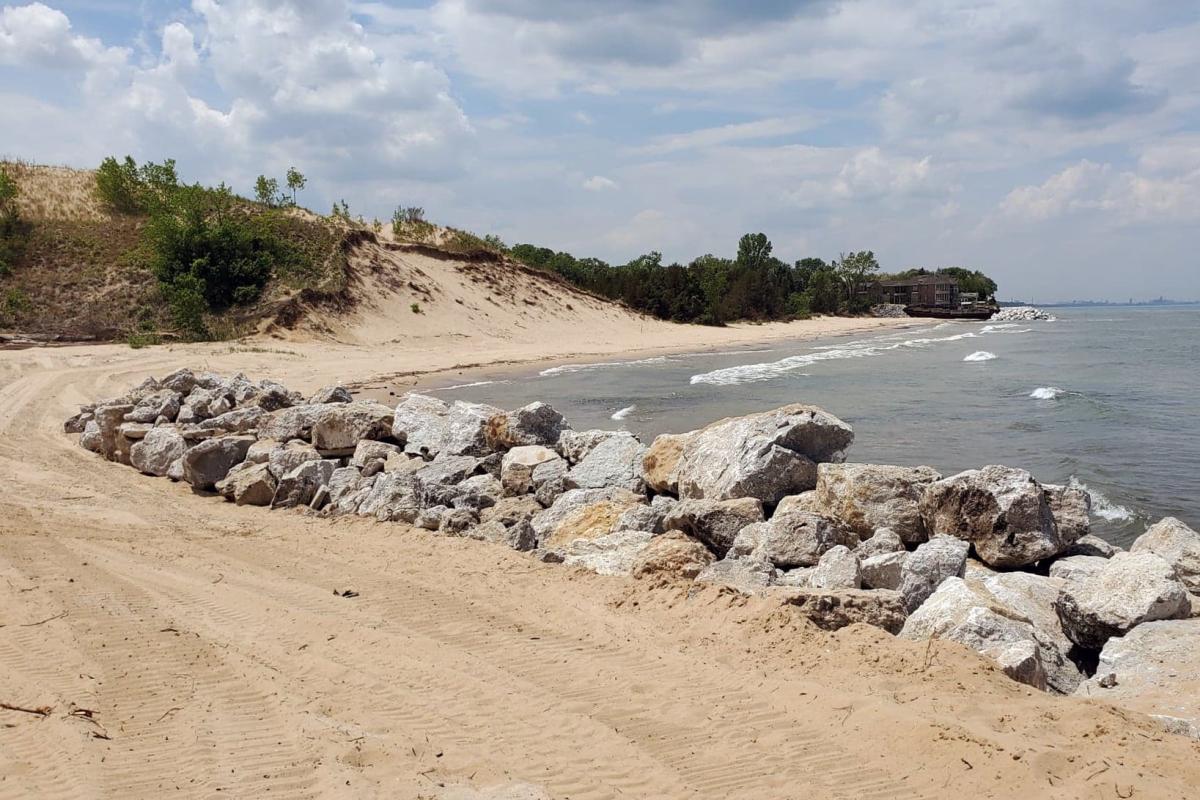 Boulders lining the shore of Lake Michigan at Indiana Dunes National Park in Portage.