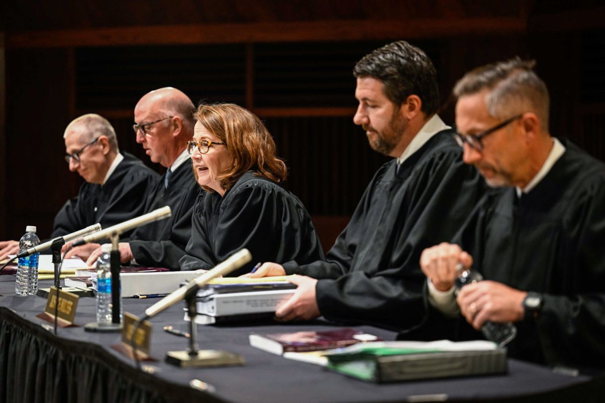 The Indiana Supreme Court hears a case during a 2023 oral argument. From left to right, Geoffrey Slaughter, Mark Massa, Loretta Rush, Derek Molter and Christopher Goff.