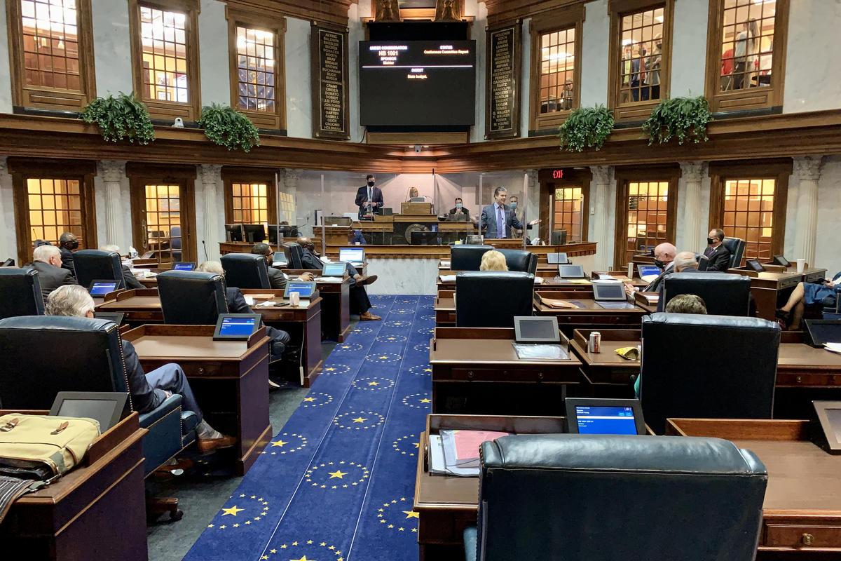 Senate lawmakers were divided between their chamber floor and the balcony for the 2021 legislative session, in order to better socially distance.