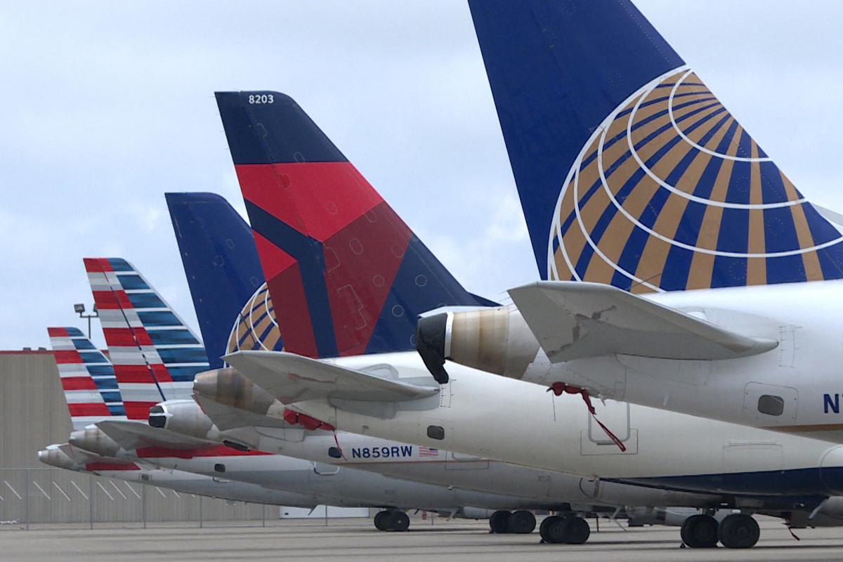 Planes sit on the tarmac outside the Indianapolis International Airport
