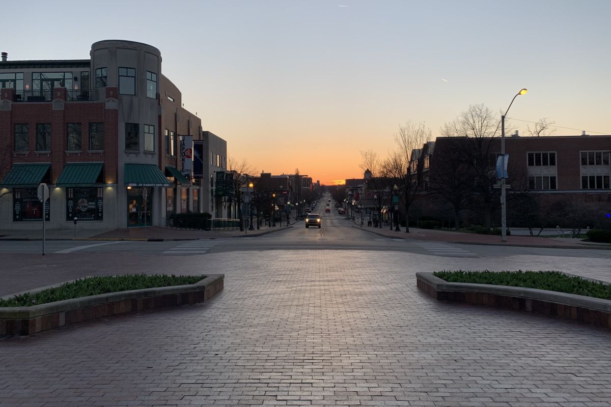Looking west down Kirkwood Ave from IU Bloomington's Sample Gates the day before Gov. Holcomb's coronavirus stay-at-home order went into effect.