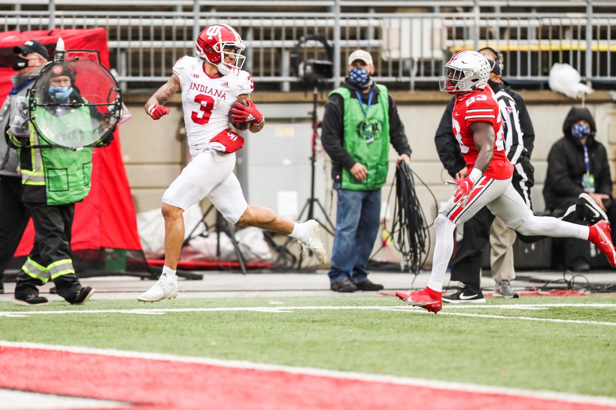 Indiana wide receiver Ty Fryfogle catches a 63-yard touchdown pass against Ohio State Saturday.