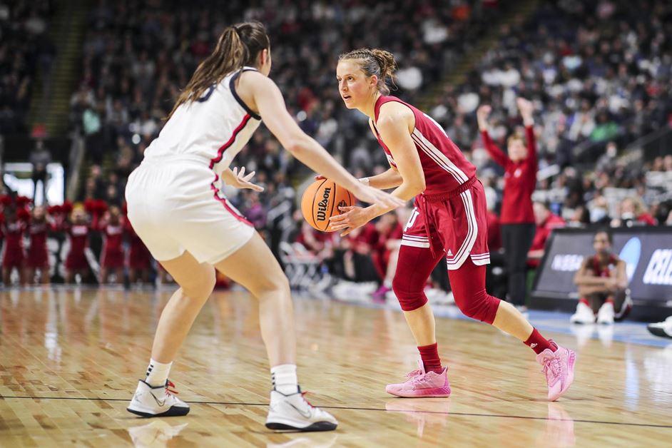 Indiana's Ali Patberg dribbles during Saturday's NCAA Sweet 16 game against Connecticut.