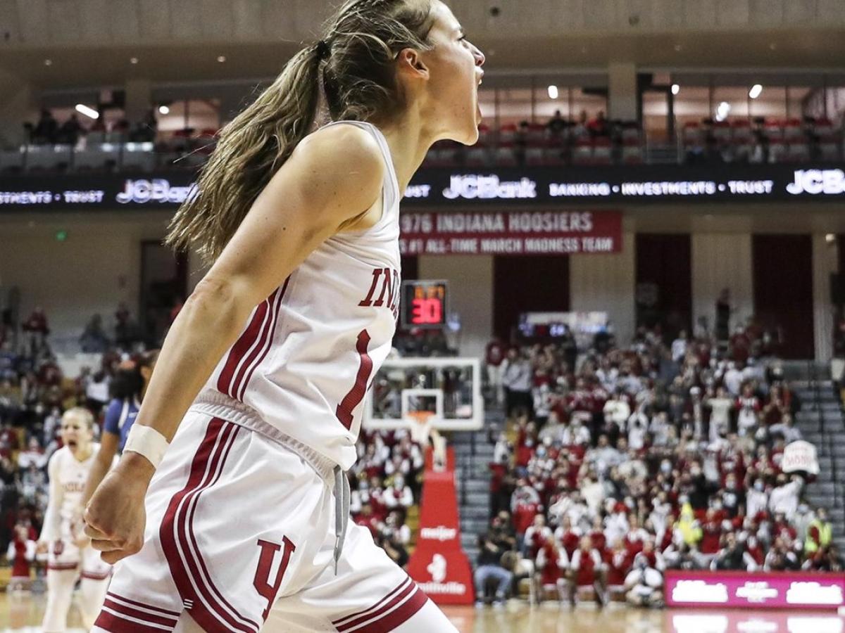 Indiana's Ali Patberg celebrates during the Hoosiers' win over Kentucky Sunday at Simon Skjodt Assembly Hall.