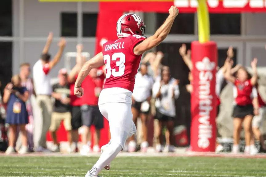 Indiana's Charles Campbell celebrates after making a 51-yard field goal in overtime to beat Western Kentucky