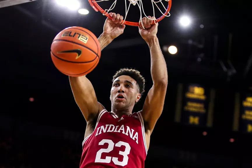 Indiana's Trayce Jackson-Davis slams home two of his game-high 28 points Saturday at Michigan.