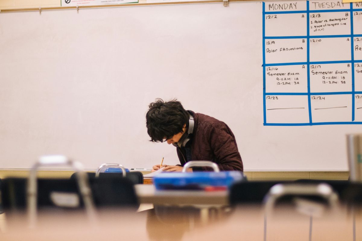 student studies in classroom