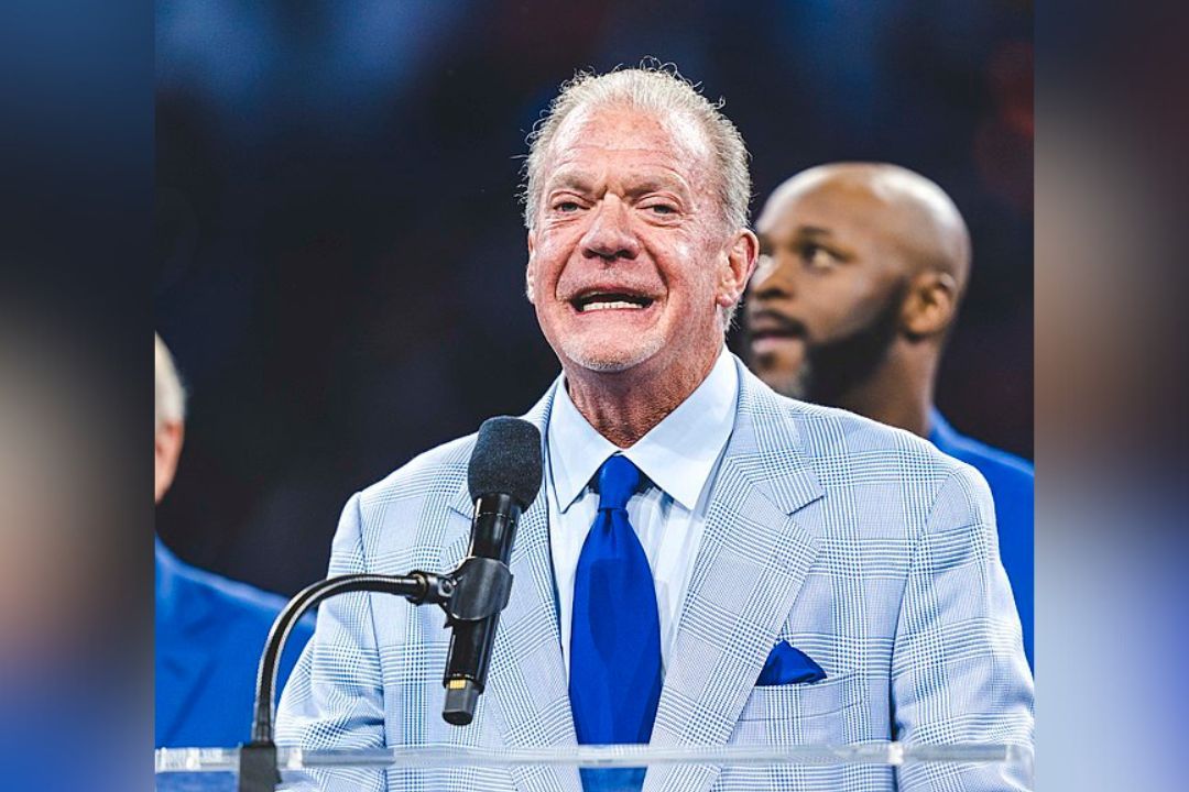Jim Irsay gives a speech during the Ring of Honor ceremony at halftime of the Indianapolis Colts versus Washington Commanders game on October 30, 2022.
