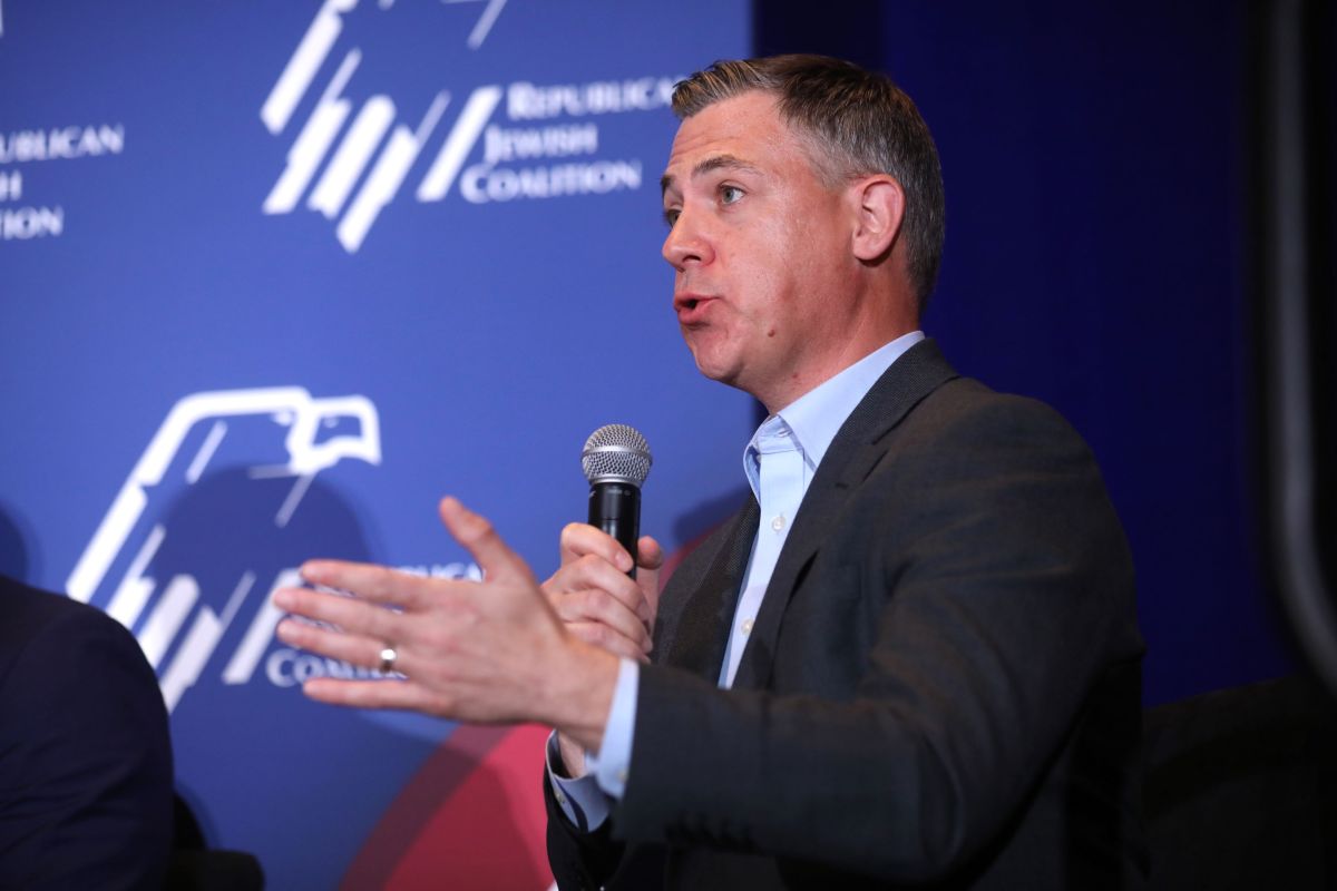 U.S. Congressman Jim Banks speaking with attendees at the Republican Jewish Coalition's 2023 Annual Leadership Summit at the Venetian Convention & Expo Center in Las Vegas, Nevada.
