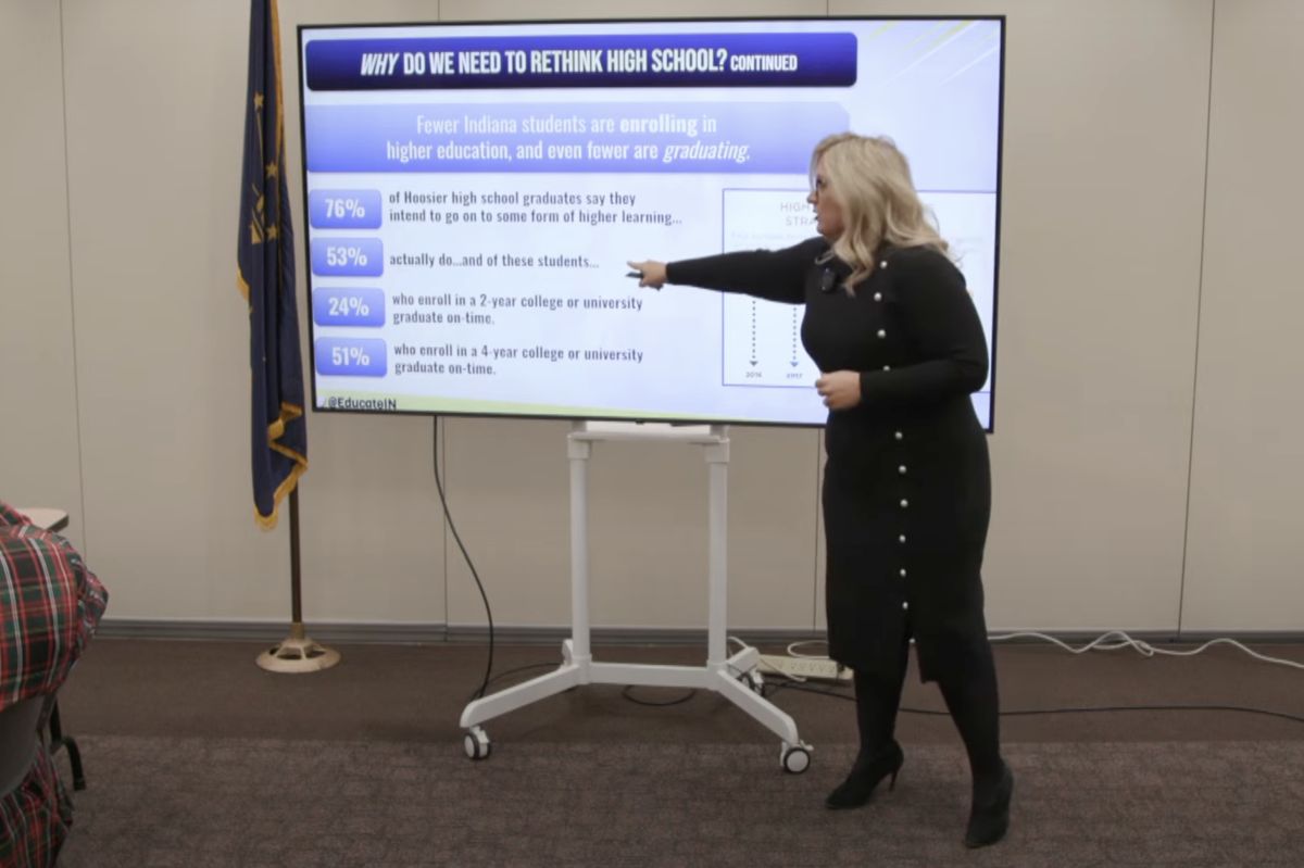 Katie Jenner points to a Powerpoint presentation on a large screen.