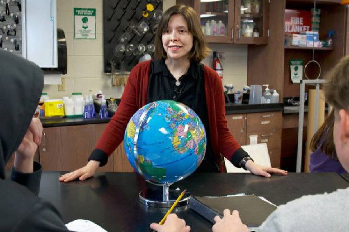 Bloomington High School South science teacher Kirstin Milks leads a lesson on human-caused climate change and technologies that could help reduce greenhouse gas emissions.