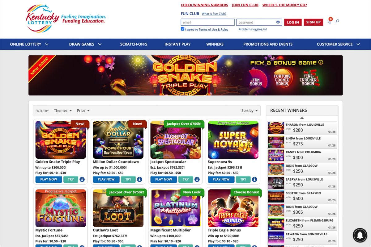 A screenshot of the Kentucky lottery online games page.