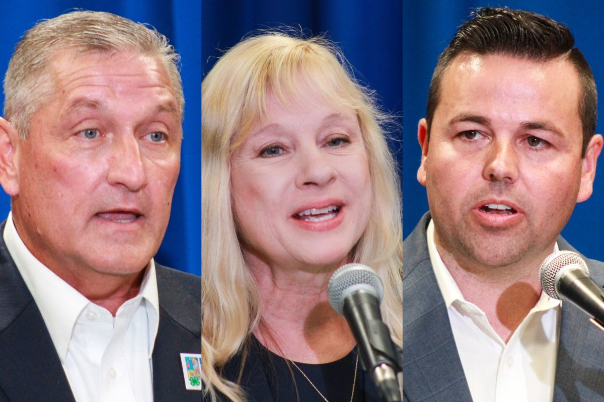 A triptych of the three lieutenant governor candidates as they speak into microphones with a blue curtain behind them. From left, Terry Goodin, Tonya Hudson, and Micah Beckwi