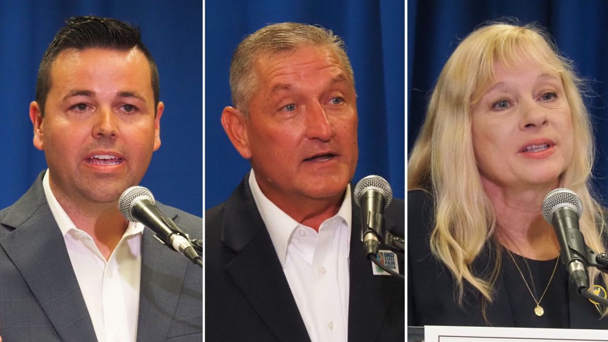  Republican Micah Beckwith, Democrat Terry Goodin and Libertarian Tonya Hudson — all candidates for lieutenant governor — speak during a debate on Tuesday, August 13, 2024. (Leslie Bonilla Muñiz/Indiana Capital Chronicle)