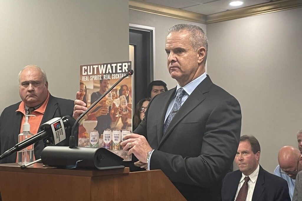 Tom Morgan, Republic National Distributing Company’s executive vice president for Indiana, speaks in opposition of a bill letting beer wholesalers sell liquor-based mixed drinks on Tuesday, Jan. 9, 2024