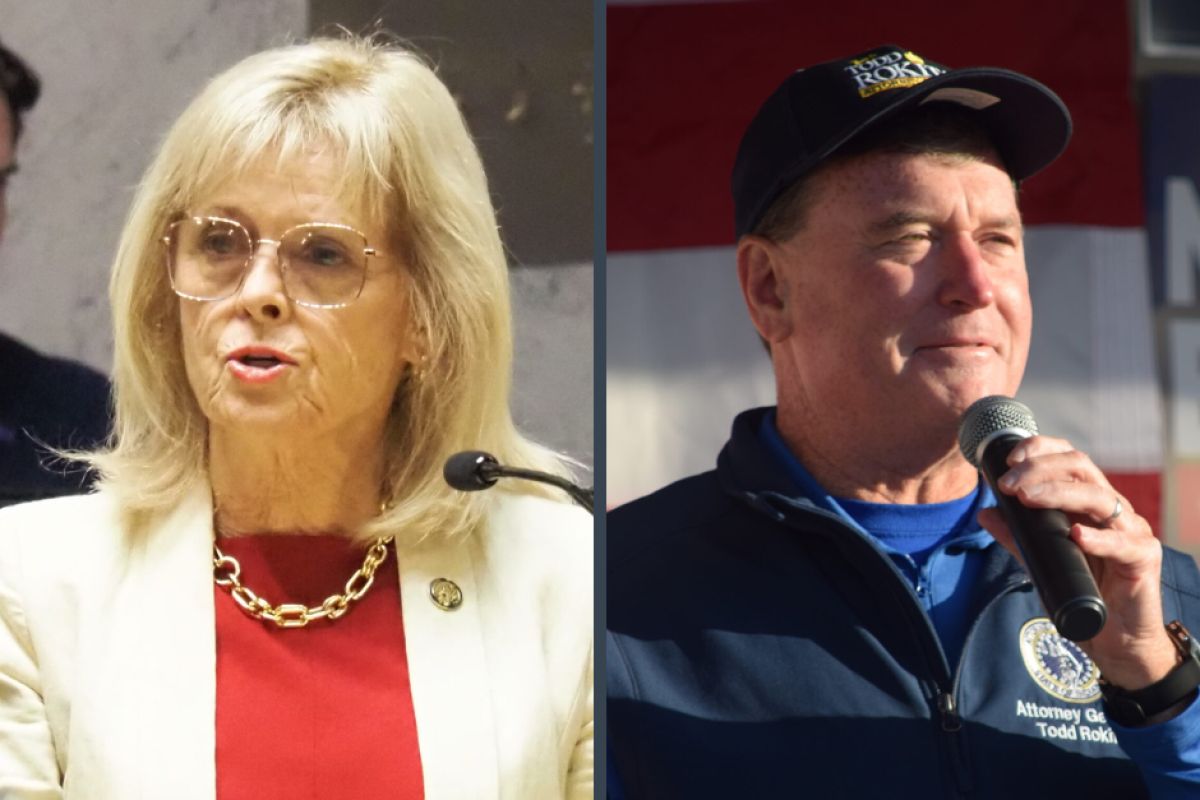 Republicans Sen. Liz Brown, left, and Attorney General Todd Rokita, right