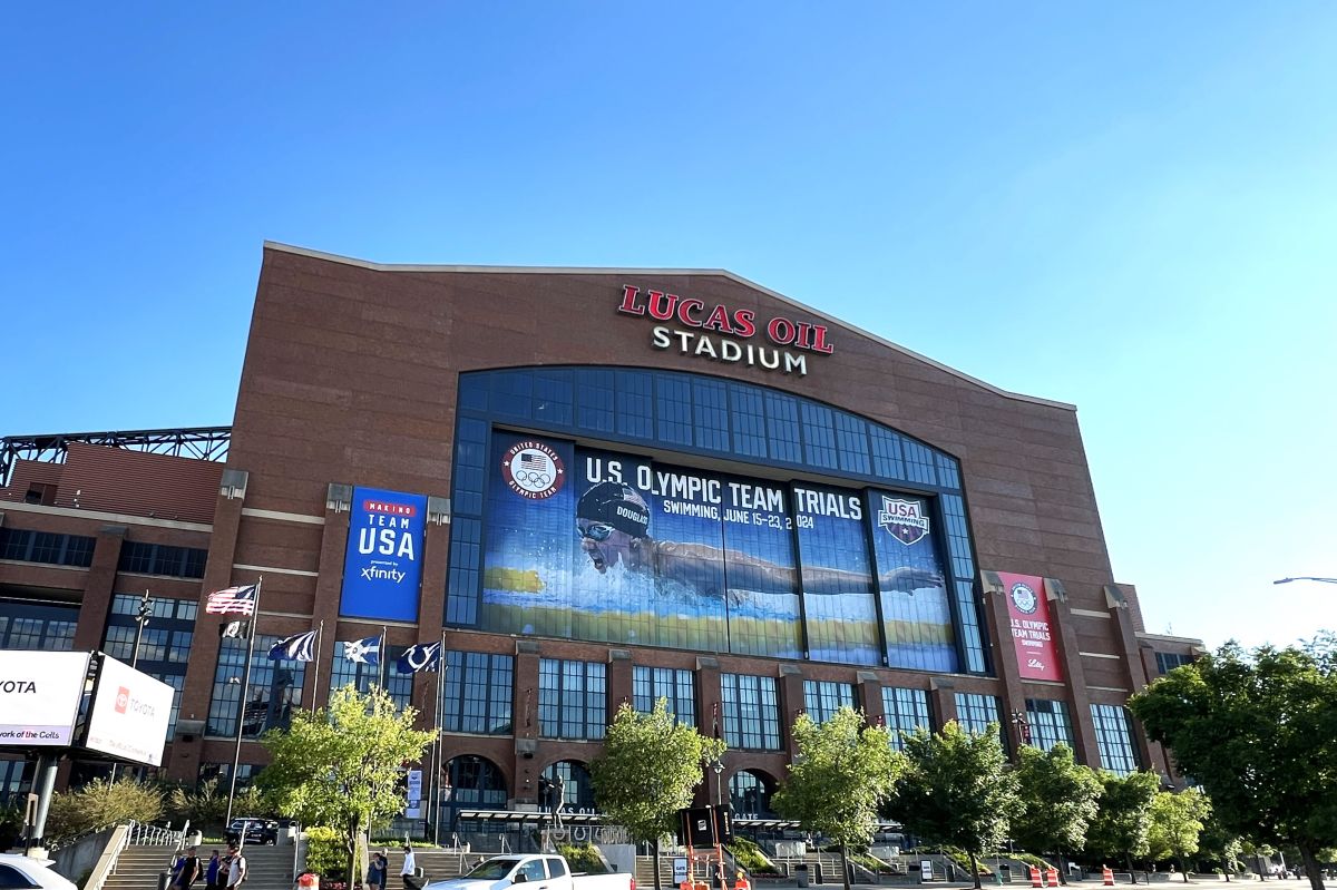 The north side of Lucas Oil Stadium (Indianapolis, Indiana, United States) during the 2024 United States Olympic Team Trials, Swimming