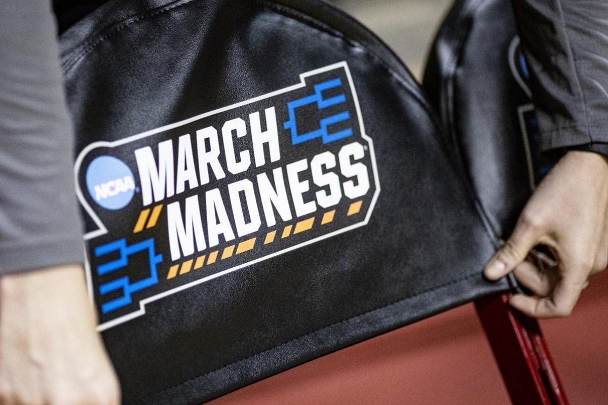 A March Madness cover is placed over a bench chair prior to the NCAA Women's Tournament games at Simon Skjodt Assembly Hall Saturday.