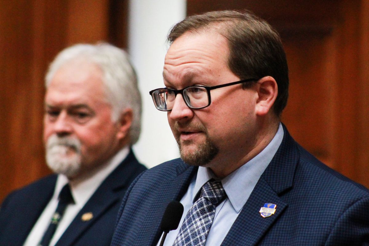 Rep. Martin Carbaugh (R-Fort Wayne) addresses the media during the unveiling of the Indiana House Republican 2025 agenda on Jan. 14, 2025. Rep. Brad Barrett (R-Richmond) stands in the background.