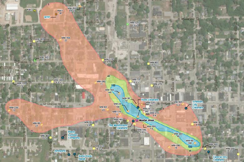 A map of the Martinsville Superfund site groundwater plume. The blue indicates where the highest concentrations of toxic chemicals are in the water.
