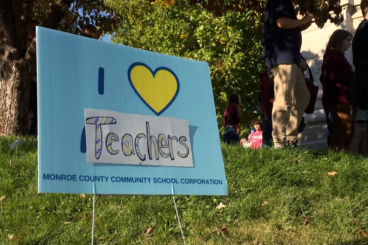 A sign supporting MCCSC teachers at the protest at the Monroe County Courthouse Monday afternoon.