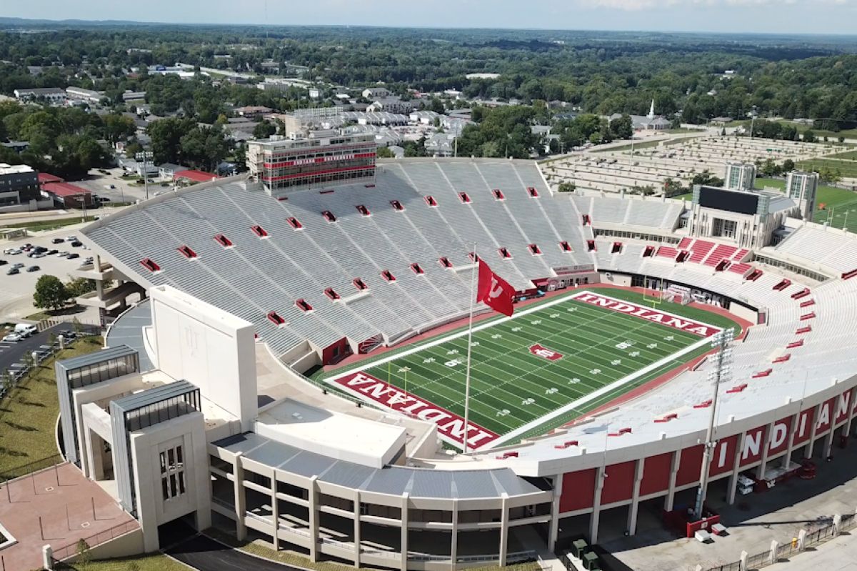 A bird's eye view of an empty Memorial Stadium.