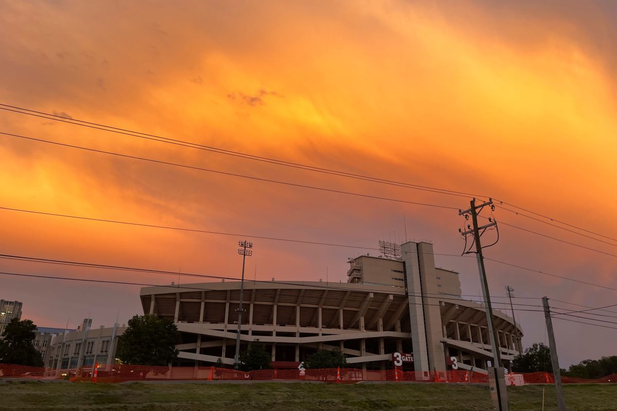 sunset over Memorial Stadium in Bloomington, taken June 1, 2022.