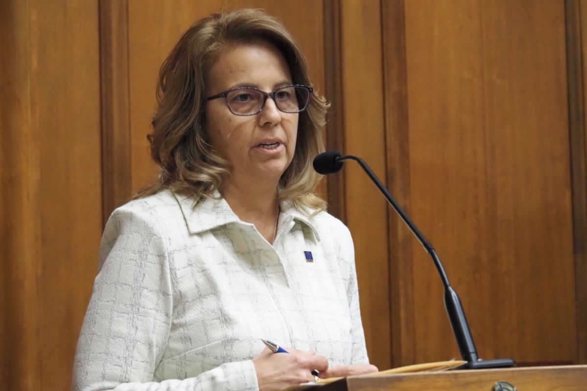 Rep. Michelle Davis, R-Whiteland, speaks before the House Education Committee on Wednesday, Feb. 12, 2025, at the Indiana Statehouse. Up for discussion was her bill to block transgender women from participating in women’s sports at Indiana colleges.