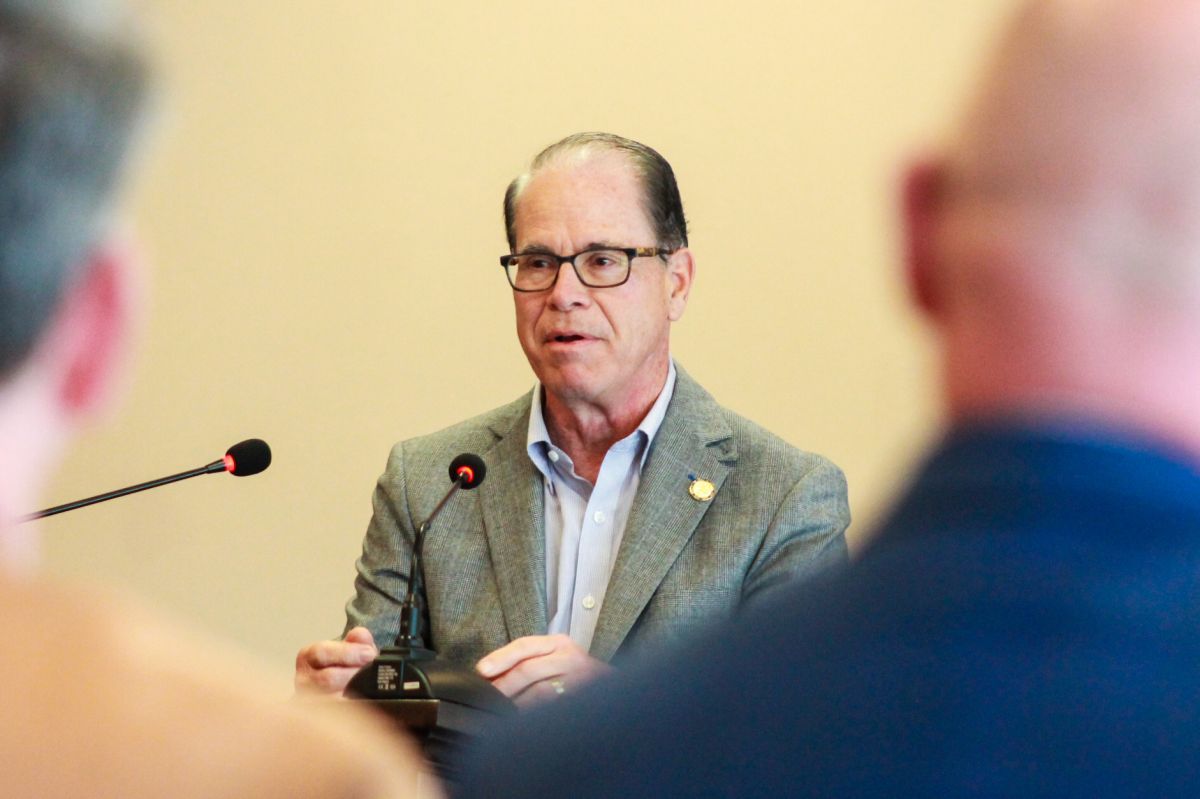 Gov. Mike Braun addressed a room full of administration officials and state lawmakers during a celebration of his first 100 days in office on April 30, 2025. 