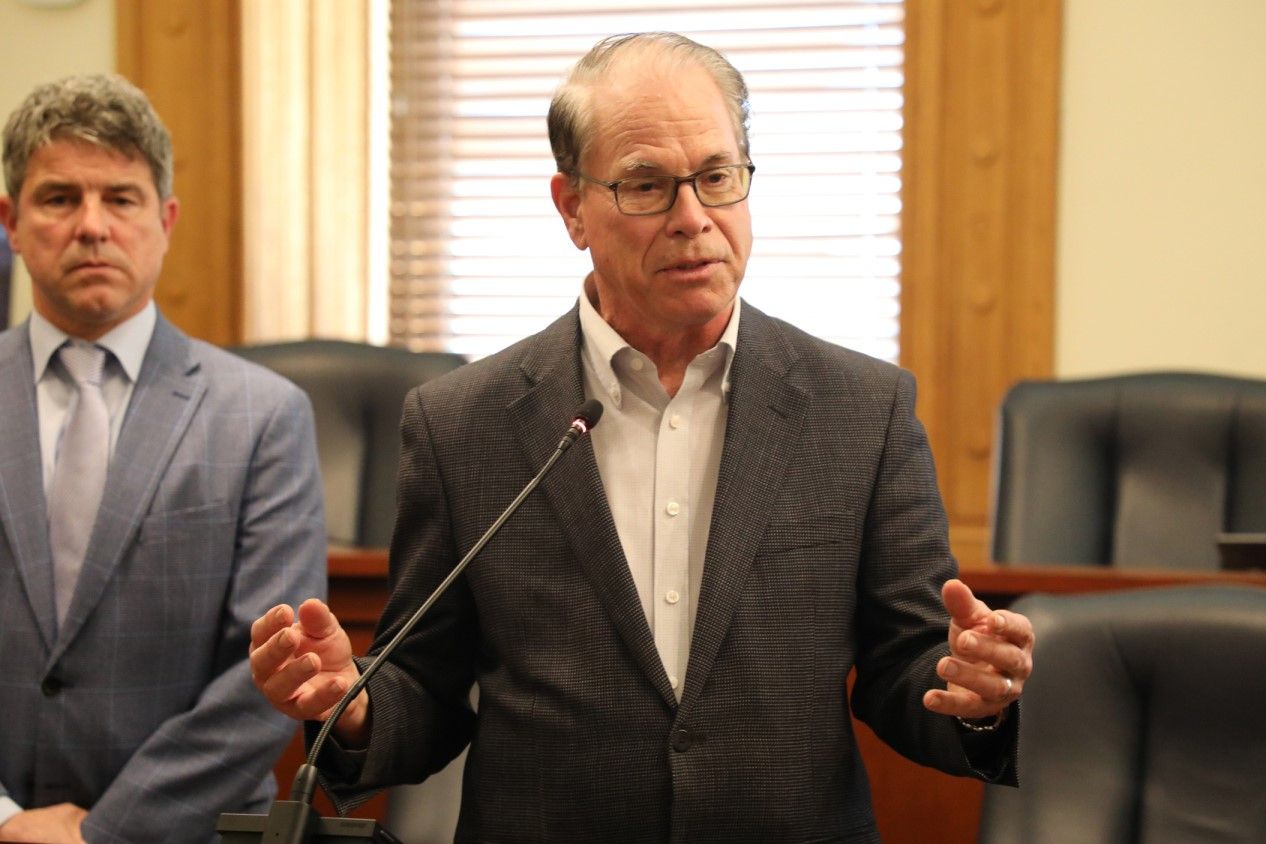 Indiana Gov. Mike Braun speaks to the media on Wednesday, April 23, 2025 in the Statehouse as Senate President Pro Tem Rodric Bray listens.