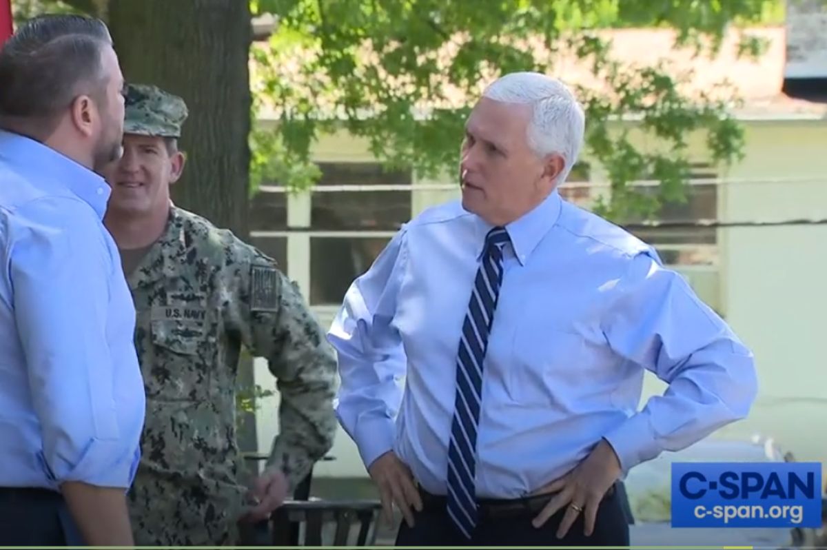 A screenshot of a user-generated C-SPAN video in which Vice President Mike Pence delivers PPE.